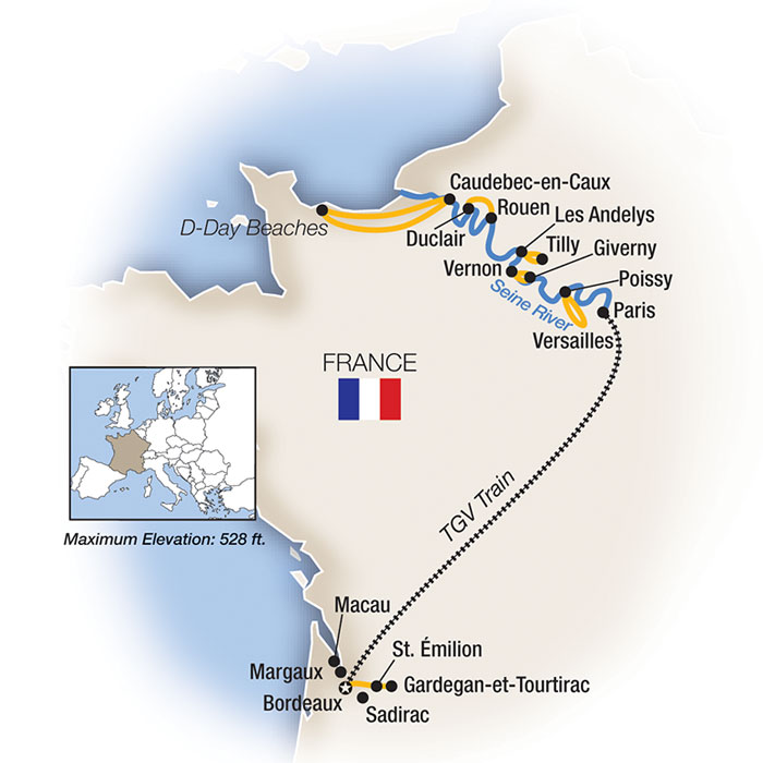 Bordeaux, Paris, Seine River Cruise Map