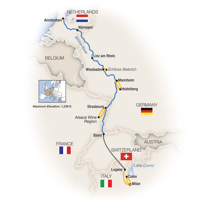 Map of Rhine Enchantment, Milan to Amsterdam