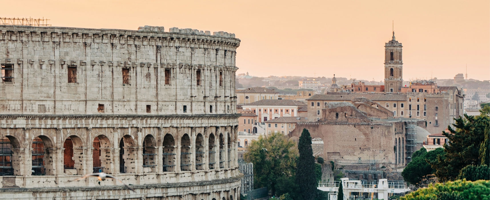 Colosseum and historic skyline of Rome at sunset